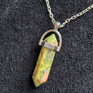 Unakite Stone Pendant Silver Necklace 16”
